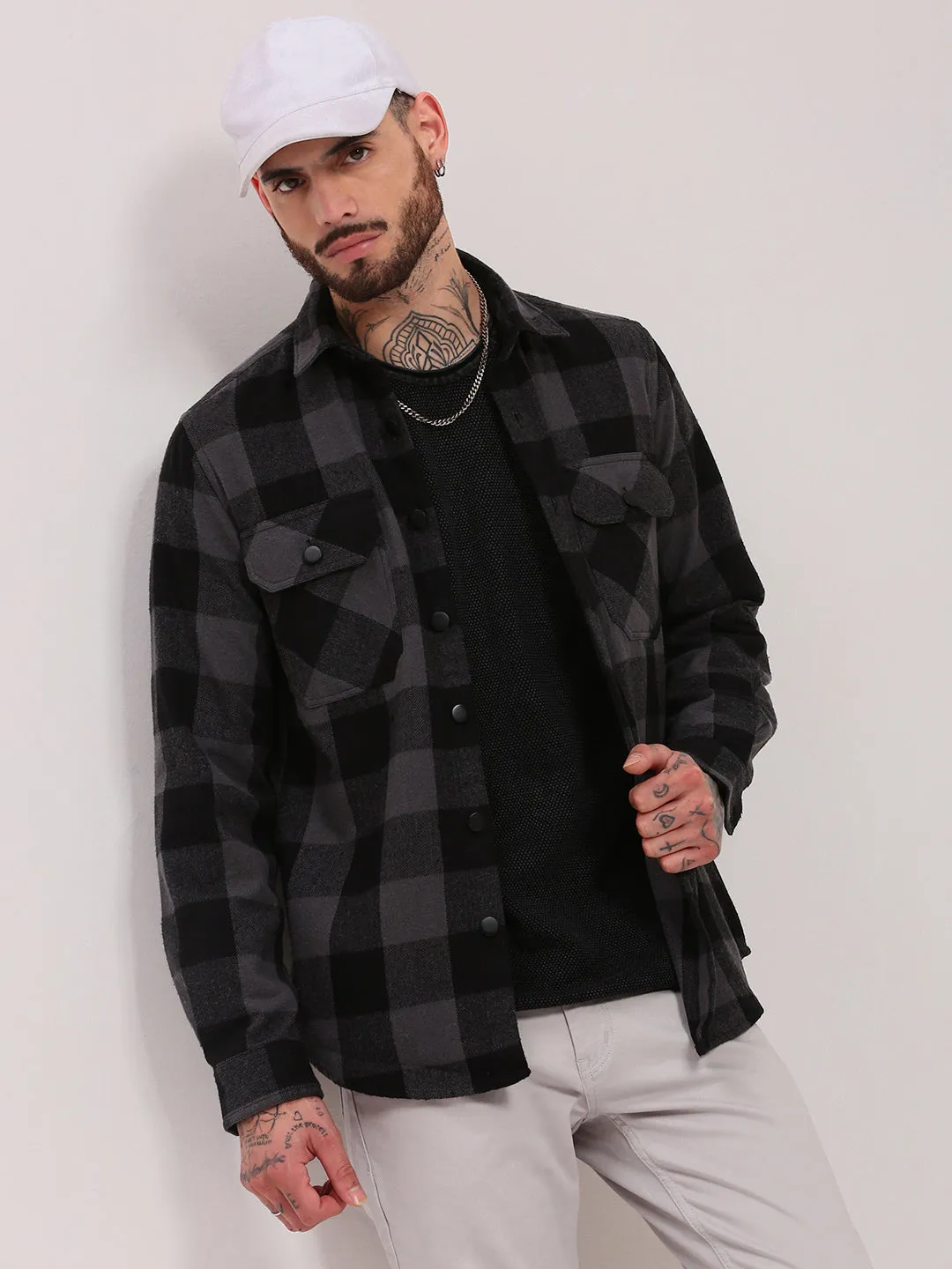 Men's Grey Checked Relaxed Fit Cotton Shacket Practical Wear