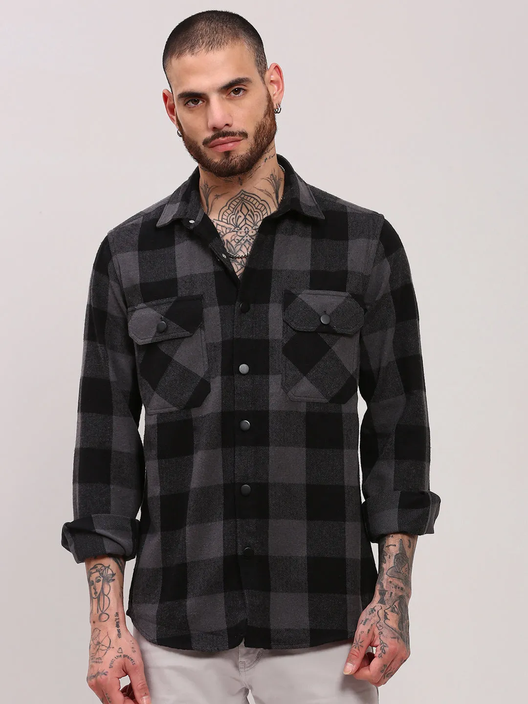 Luxury exclusivity Best Seller Men's Grey Checked Relaxed Fit Cotton Shacket