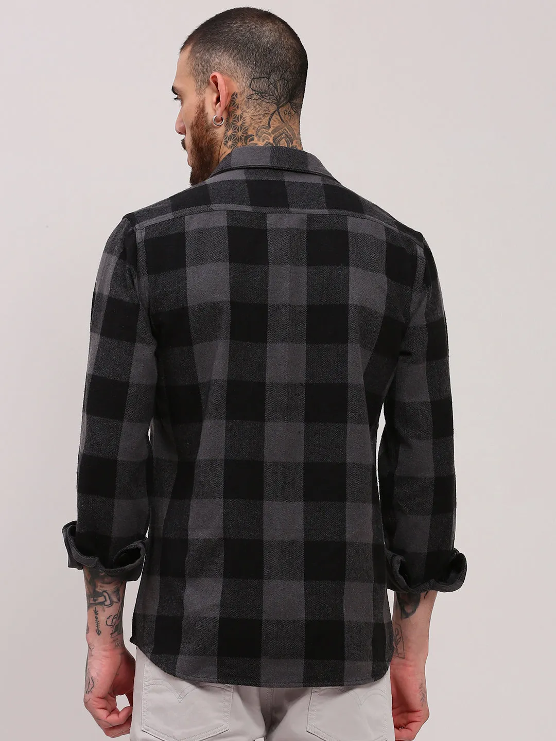 Urban Fit Men's Grey Checked Relaxed Fit Cotton Shacket