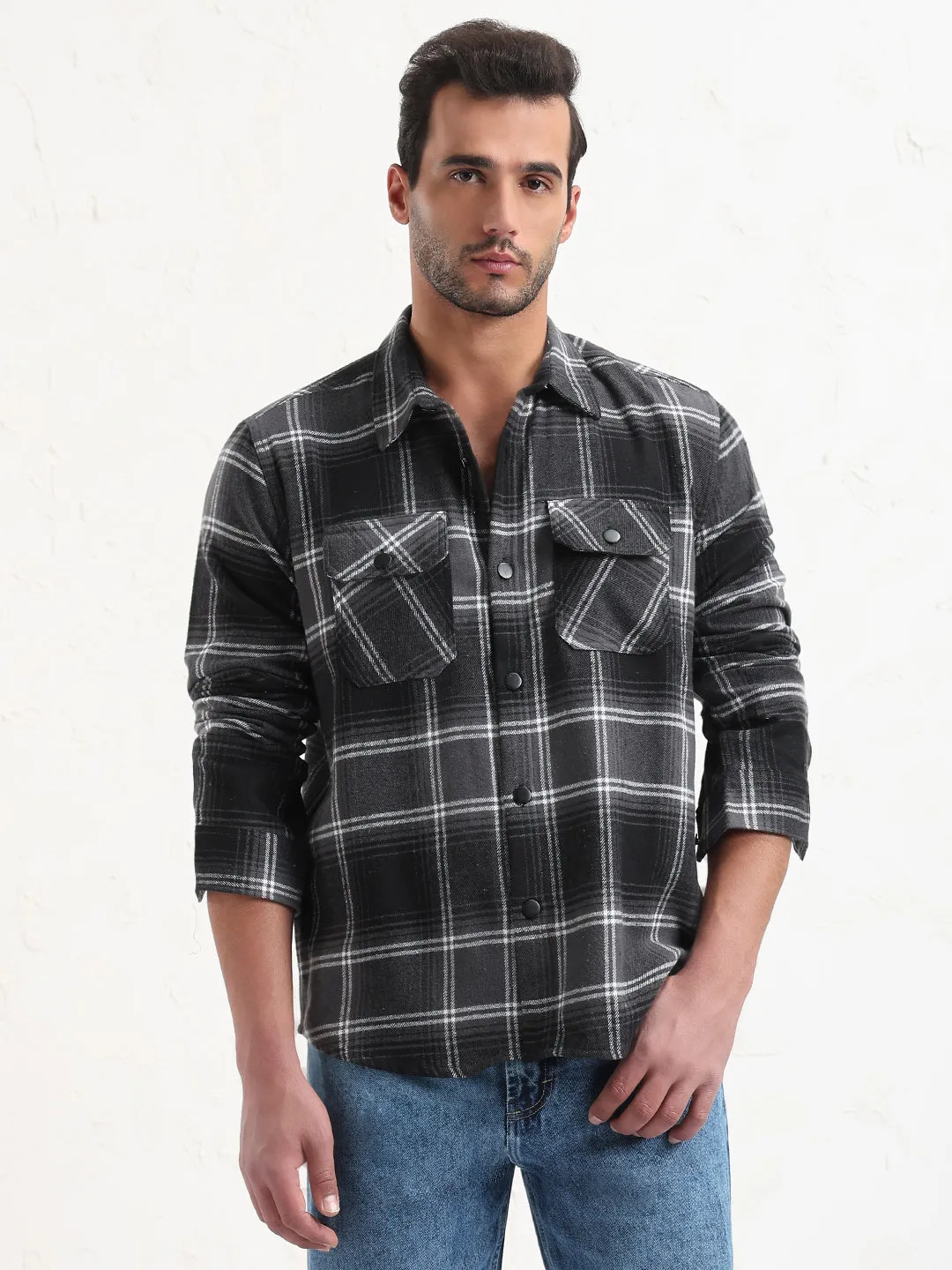 Men's Grey Checked Slim Fit Shacket Non Iron Finish
