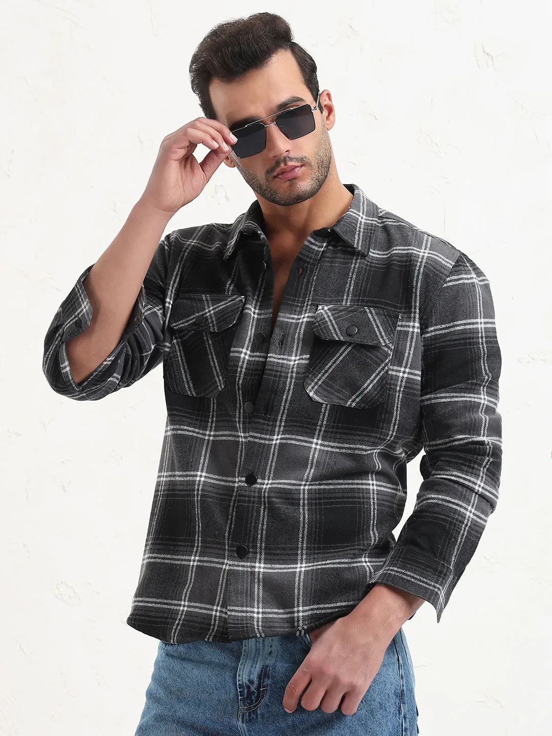 Daily Style Trend Men's Grey Checked Slim Fit Shacket