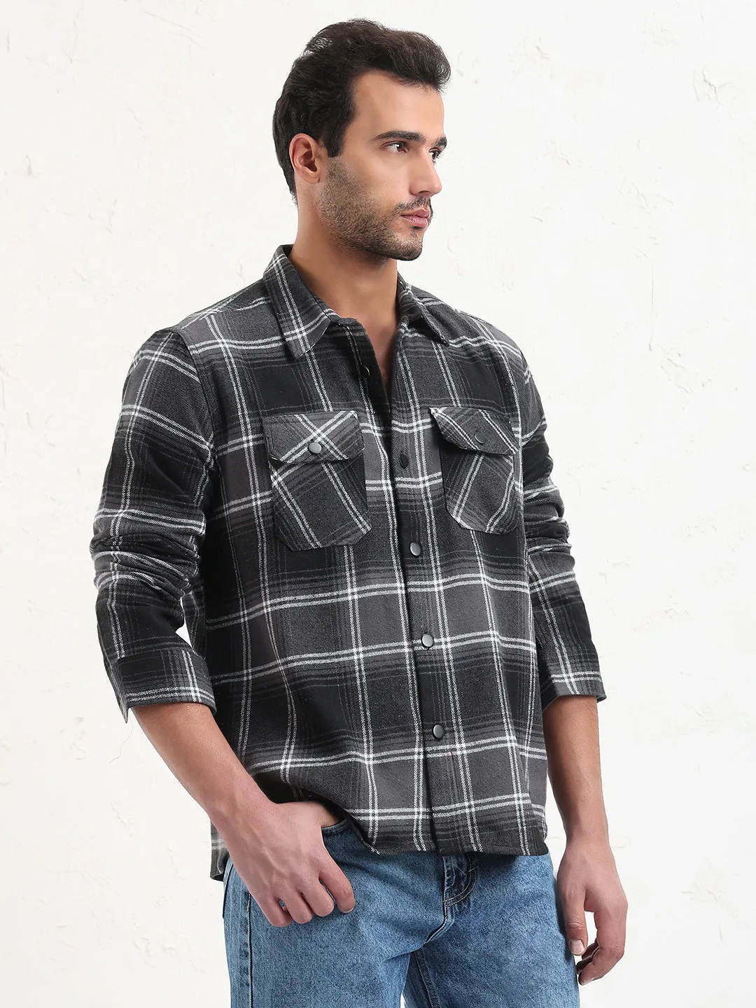 SoftenedNeckline Cozy Comfort Fit Men's Grey Checked Slim Fit Shacket