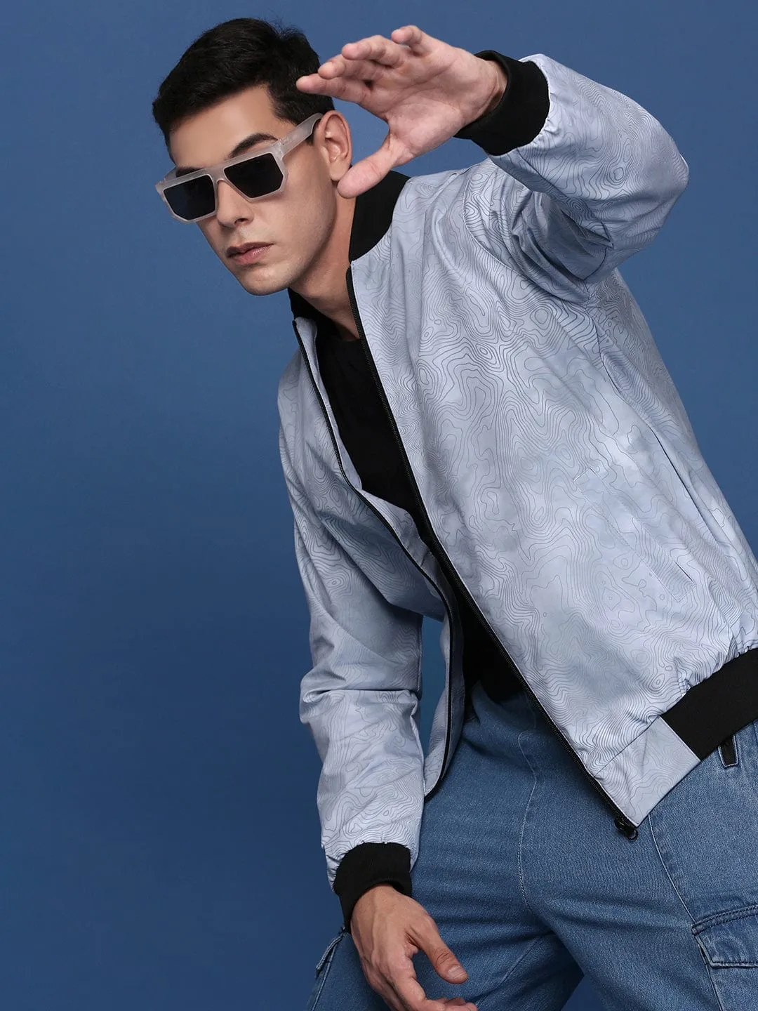 Reinforced Shoulder Protection Men's Grey Colour blocked Windcheater Bomber Jacket