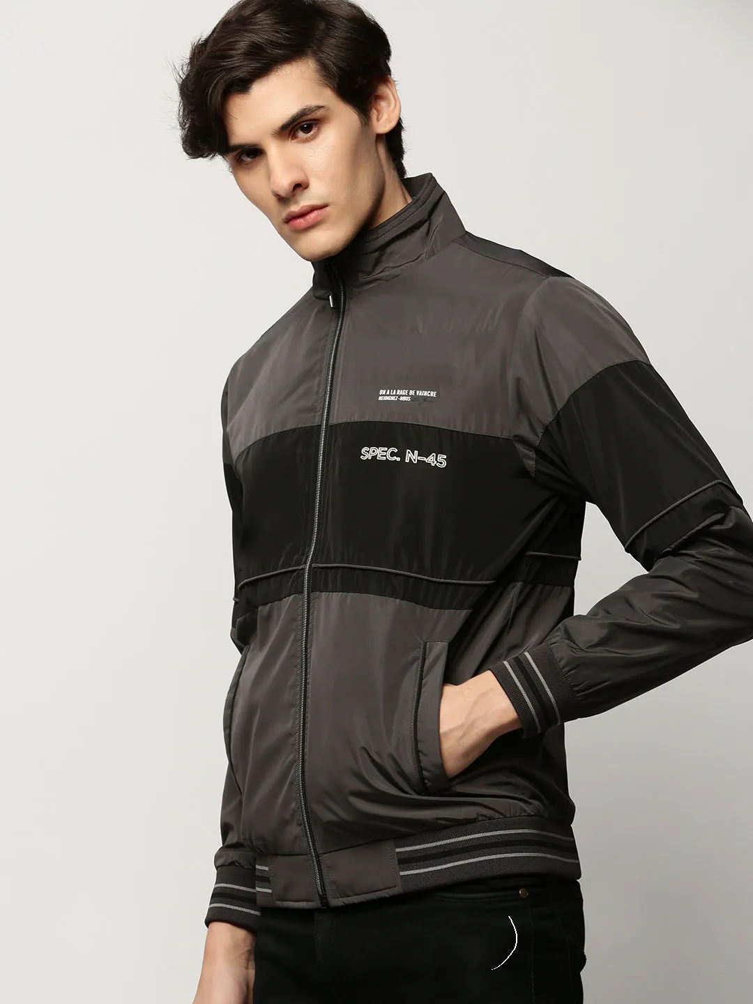 Men's Grey Colourblock Casual Bomber Jackets Elasticized Waist Outdoor Style Staple