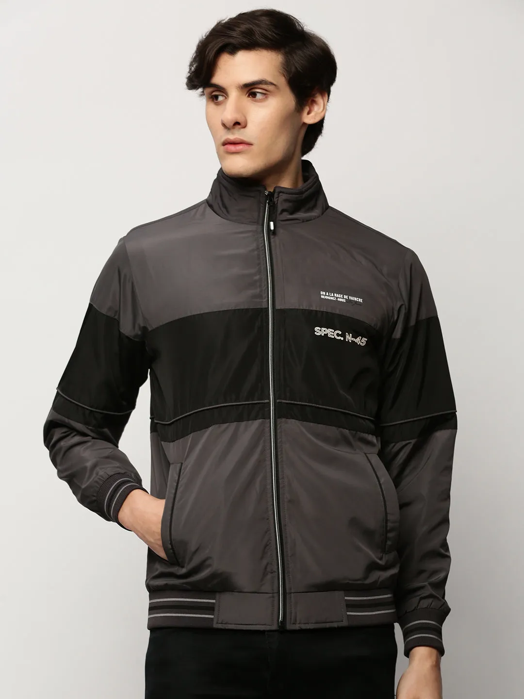 Men's Grey Colourblock Casual Bomber Jackets Durable Outer Shell