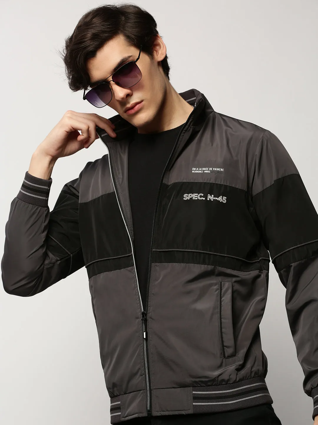 Men's Grey Colourblock Casual Bomber Jackets Subtle Design Detail