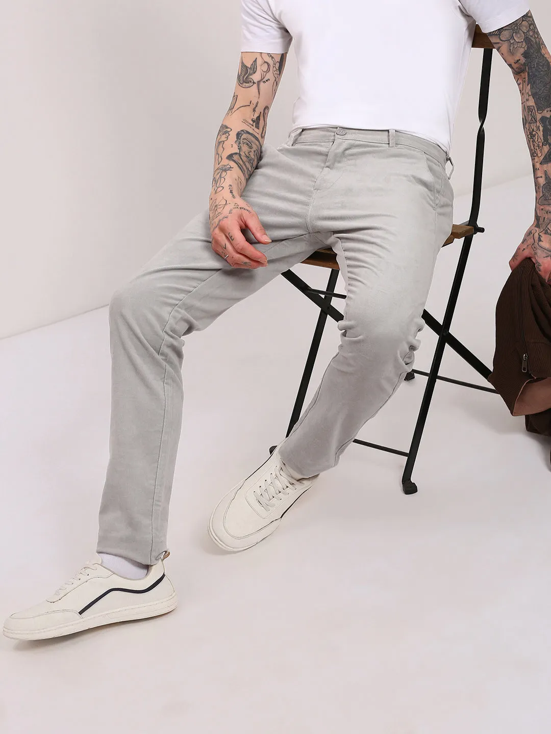 Men's Grey Cotton Solid Trousers Soft Comfort