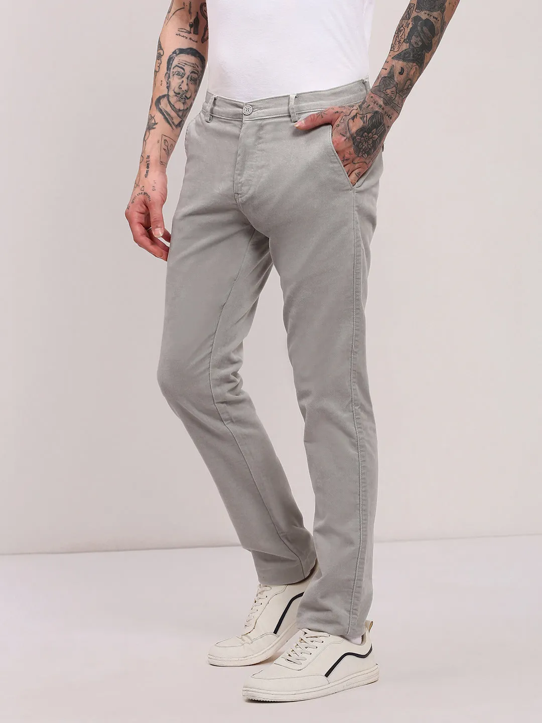 FlexFoamPadding All Day Wear Men's Grey Cotton Solid Trousers