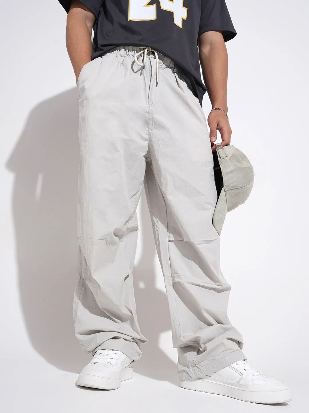 Comfy Fit Men's Grey Loose Fit Parachute Trousers