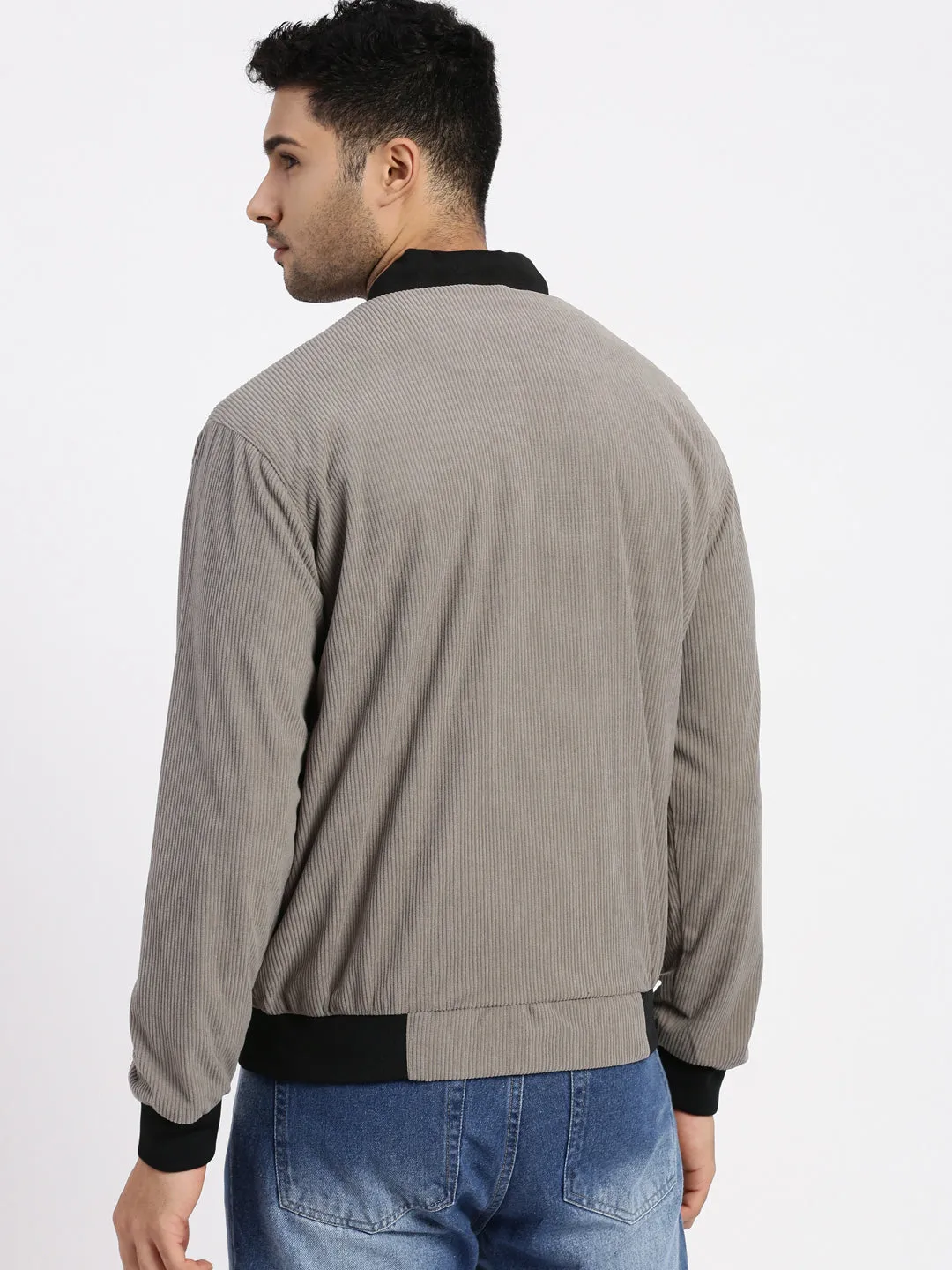 Men's Grey Mandarin Collar Bomber Jacket TearResistant Reinforcements