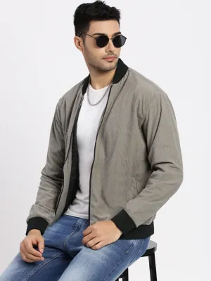Men's Grey Mandarin Collar Bomber Jacket Soft Touch Warm Layers