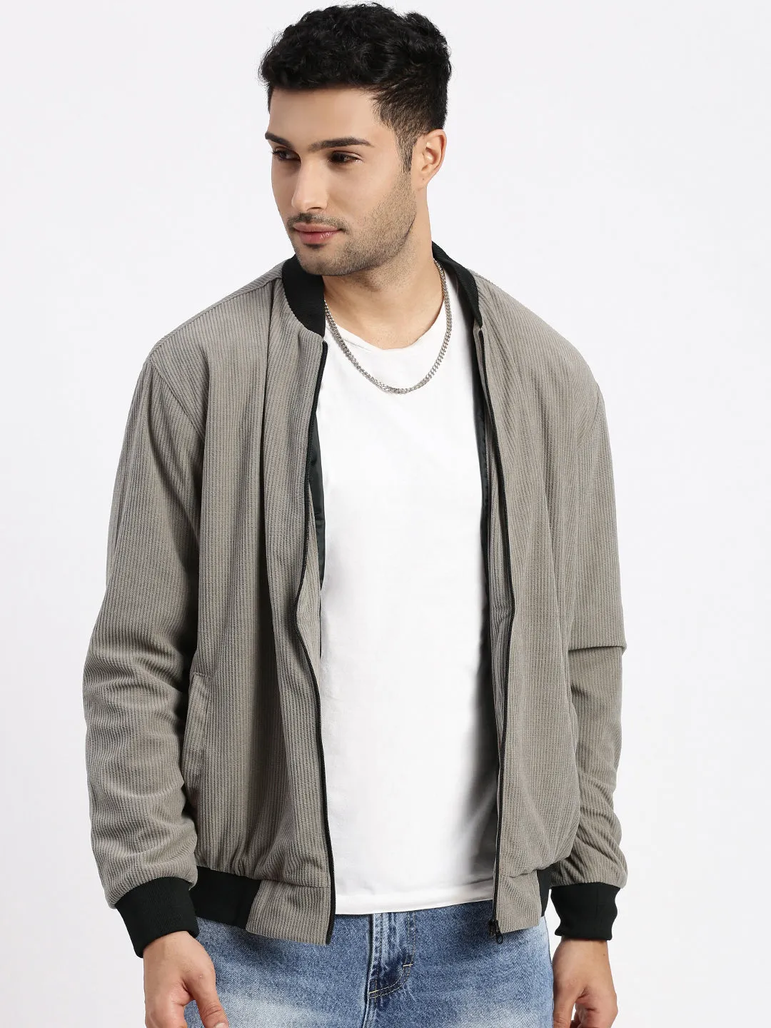 Effortless Travel Wear QuickDryFinish Men's Grey Mandarin Collar Bomber Jacket