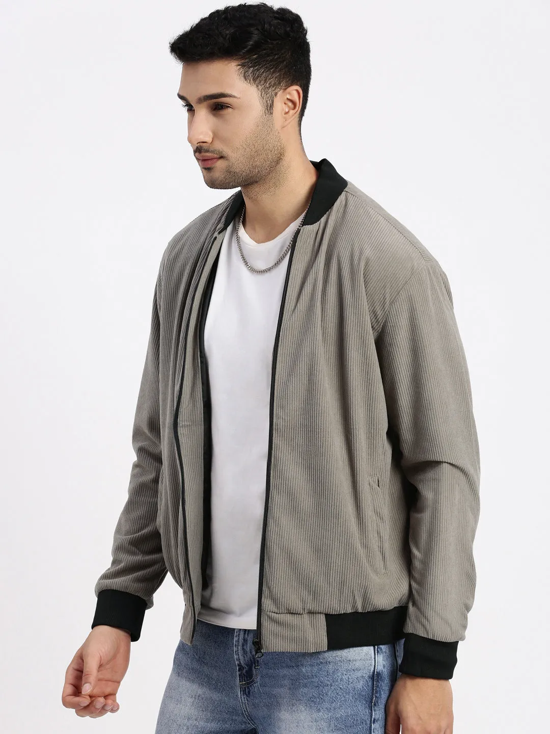 Men's Grey Mandarin Collar Bomber Jacket Breathable Lining