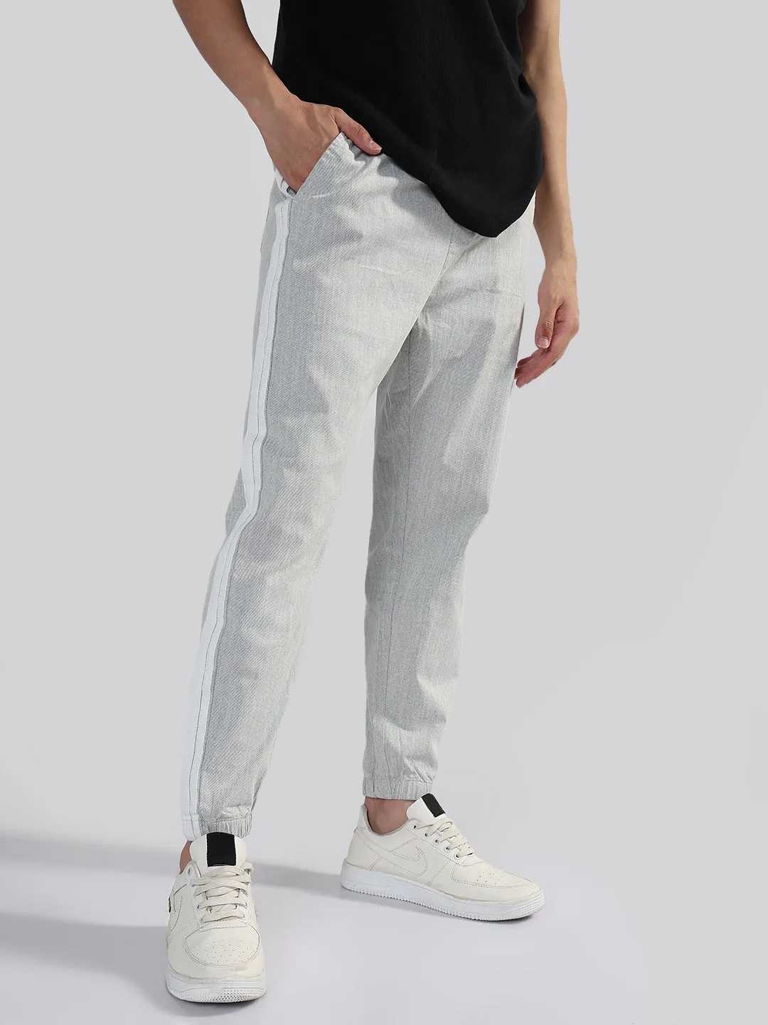 Men's Grey Slim Fit Linen Joggers with Side Strips Body Sculpting Chic Look