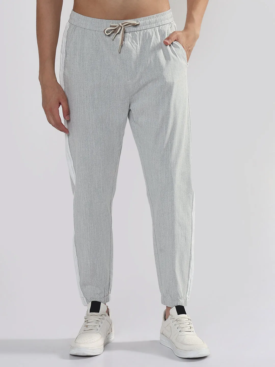 Relaxed Waist Men's Grey Slim Fit Linen Joggers with Side Strips