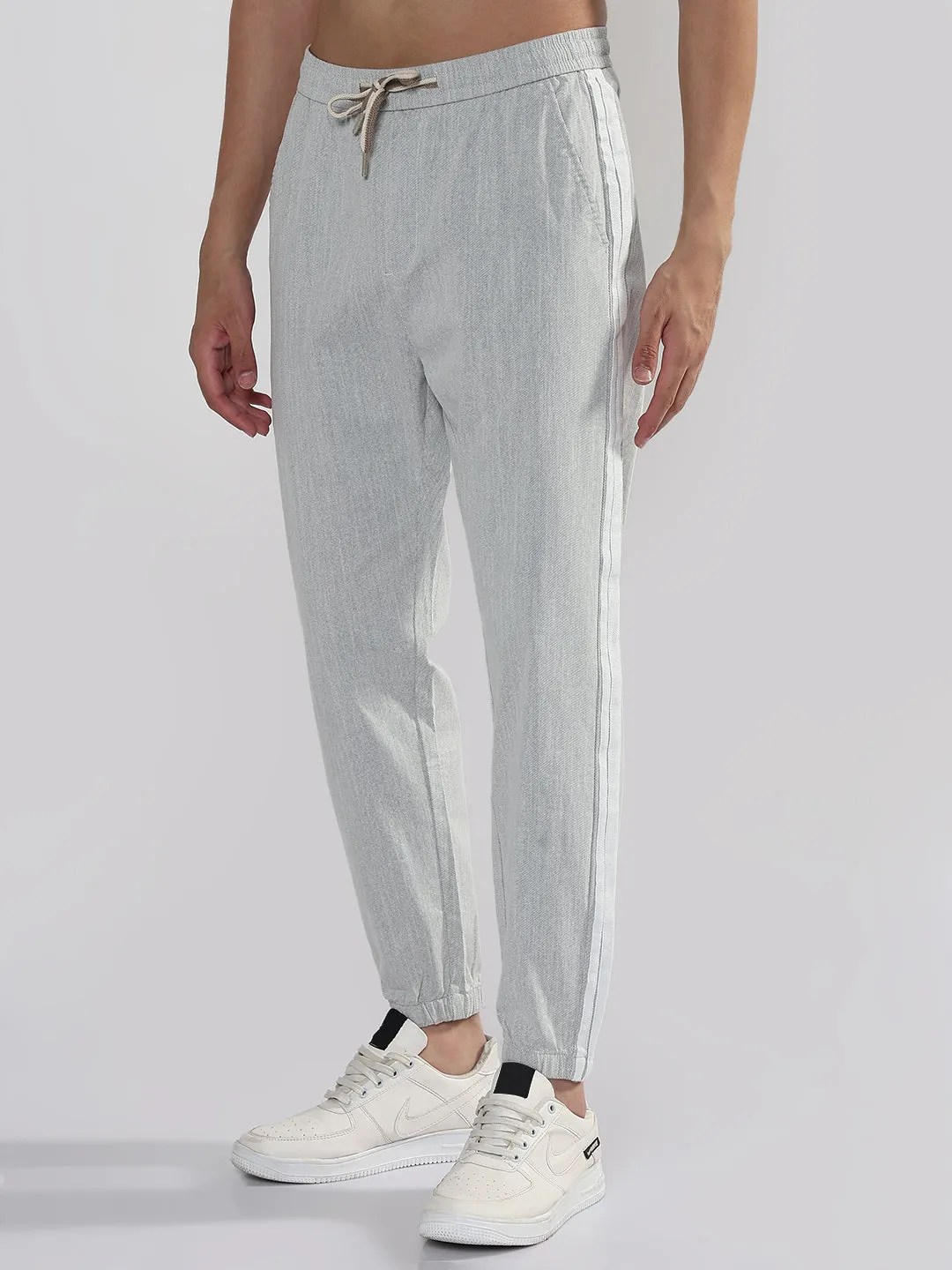 Men's Grey Slim Fit Linen Joggers with Side Strips Adjustable loop