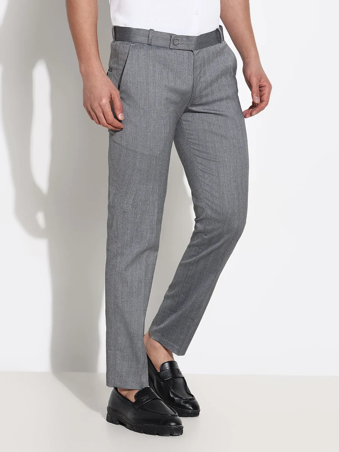 Men's Grey Solid Formal Low-Rise Trousers Flexible Cut Smart Motion