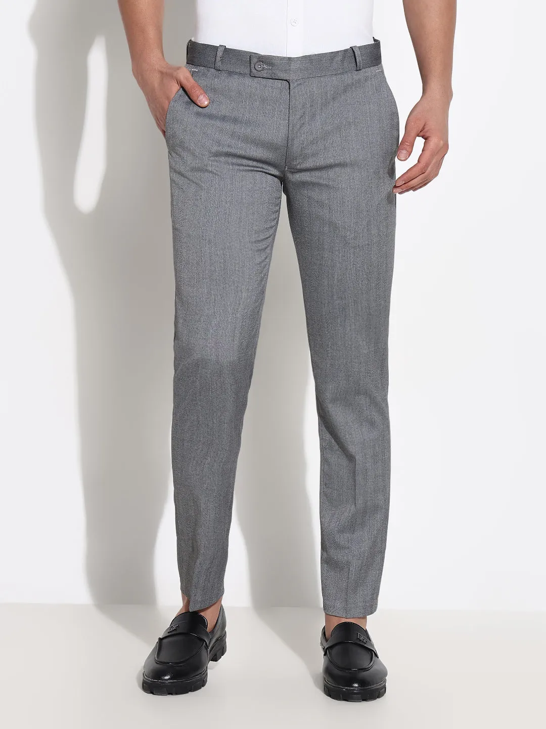 Men's Grey Solid Formal Low-Rise Trousers Sleek Comfort