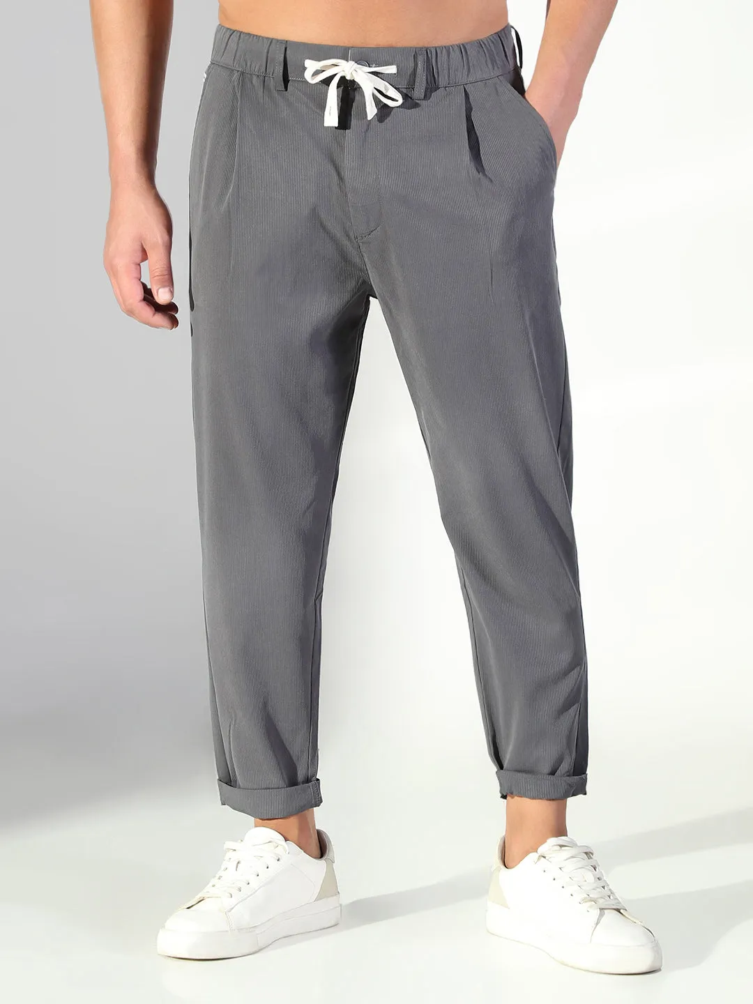 Men's Grey Solid Korean Trousers Core Fit Design MoistureWickingFabric