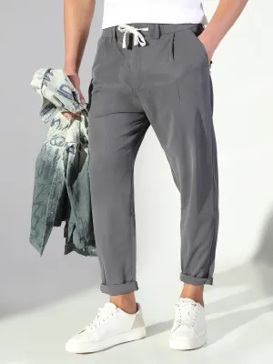 Men's Grey Solid Korean Trousers Lightweight Weave
