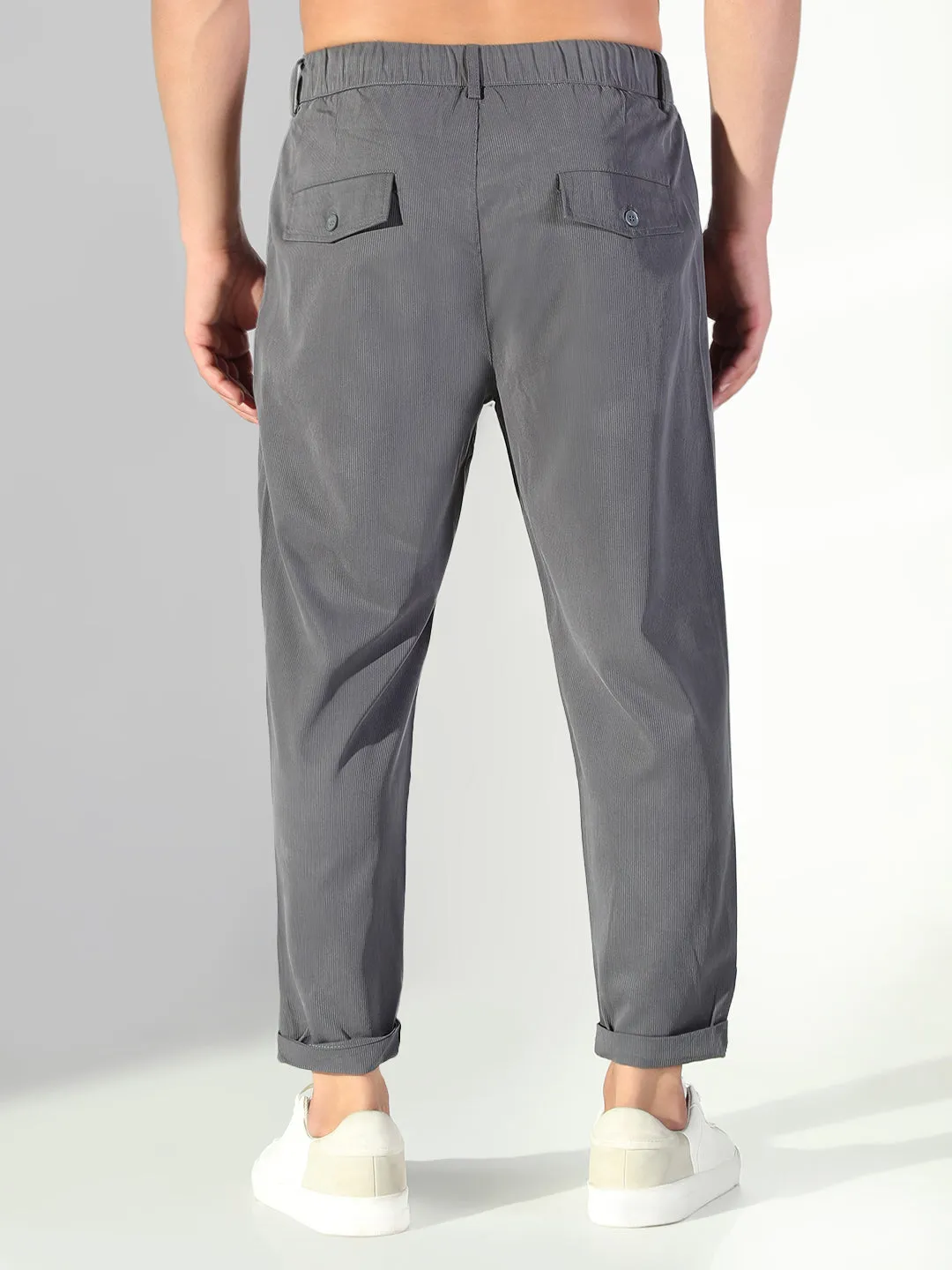Men's Grey Solid Korean Trousers NonRestrictiveFit Laser cut