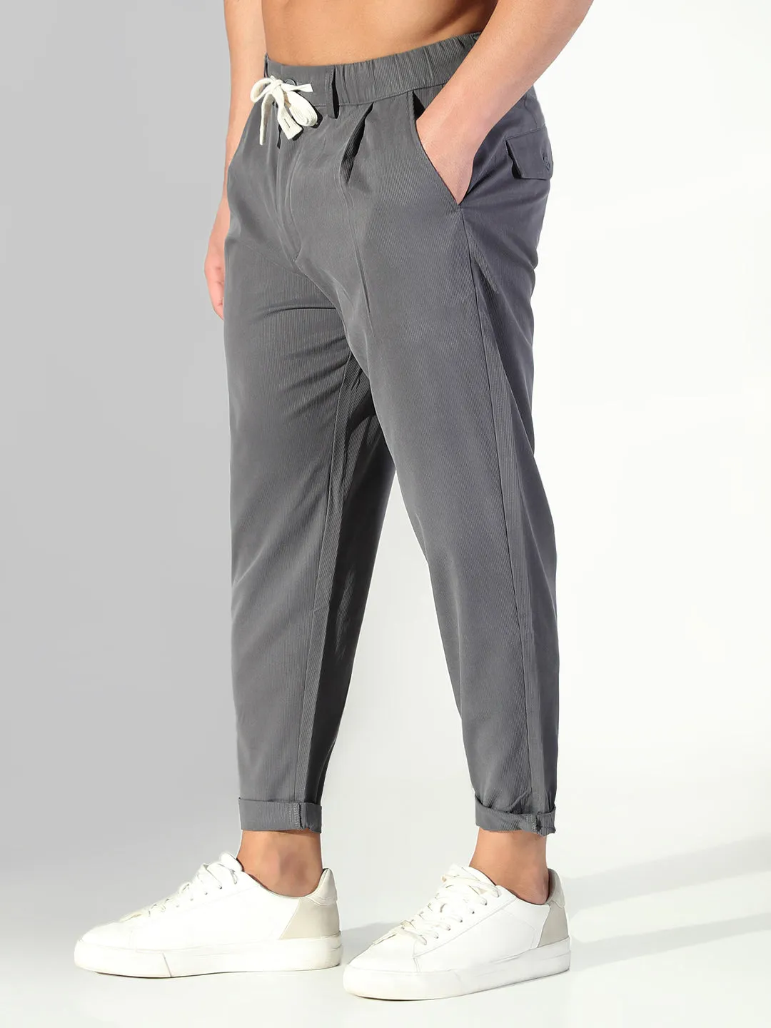 No Bunching High Mobility Men's Grey Solid Korean Trousers