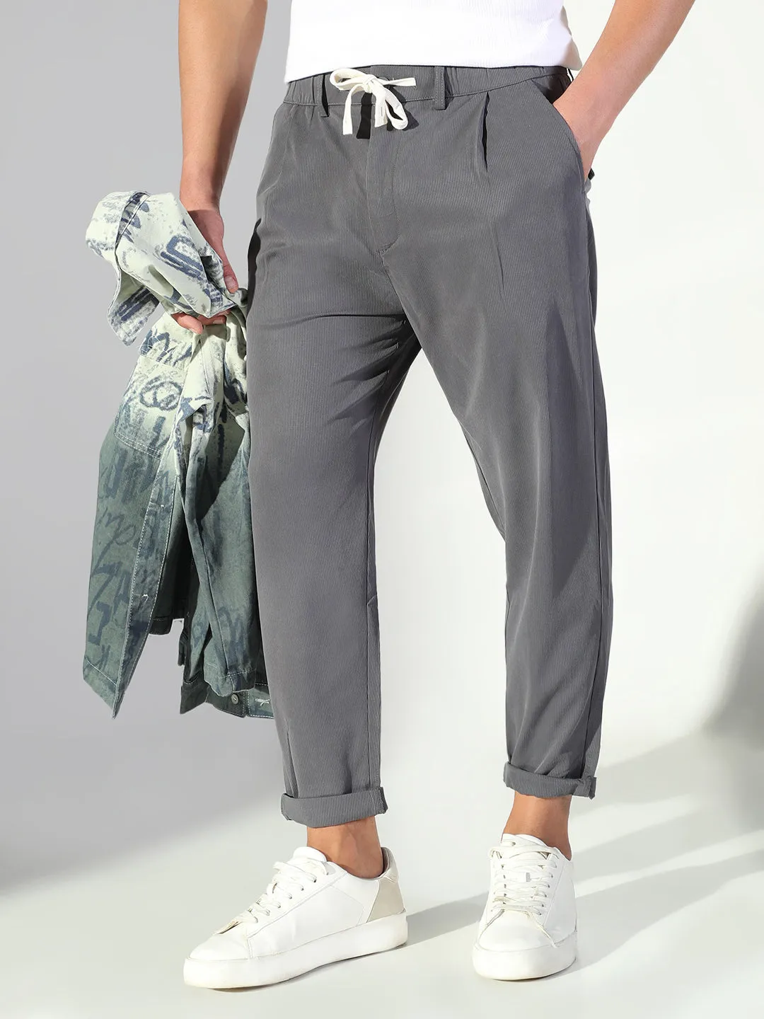Men's Grey Solid Korean Trousers Lightweight Weave