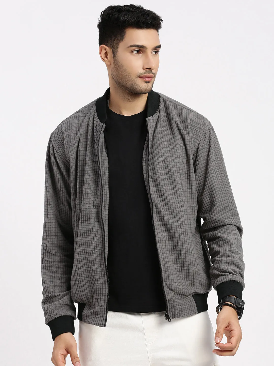 Men's Grey Solid Mandarin Collar Bomber Jacket Organic Cotton Blend Comfortable Urban Piece