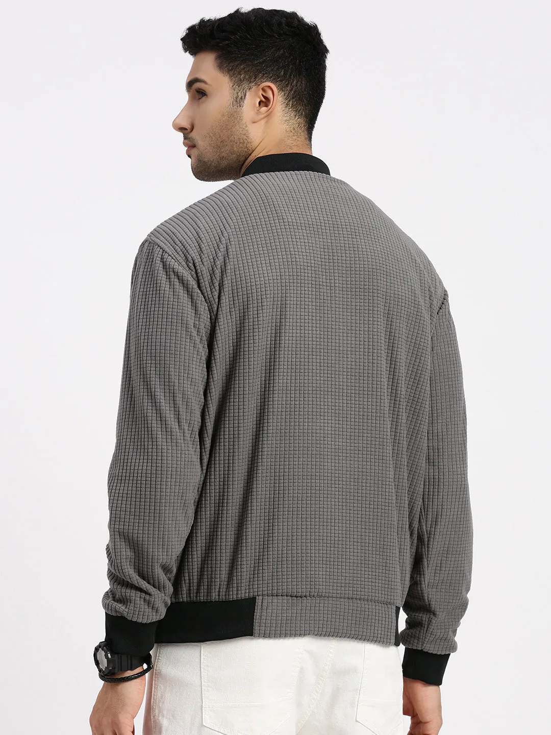 Seamless construction Men's Grey Solid Mandarin Collar Bomber Jacket