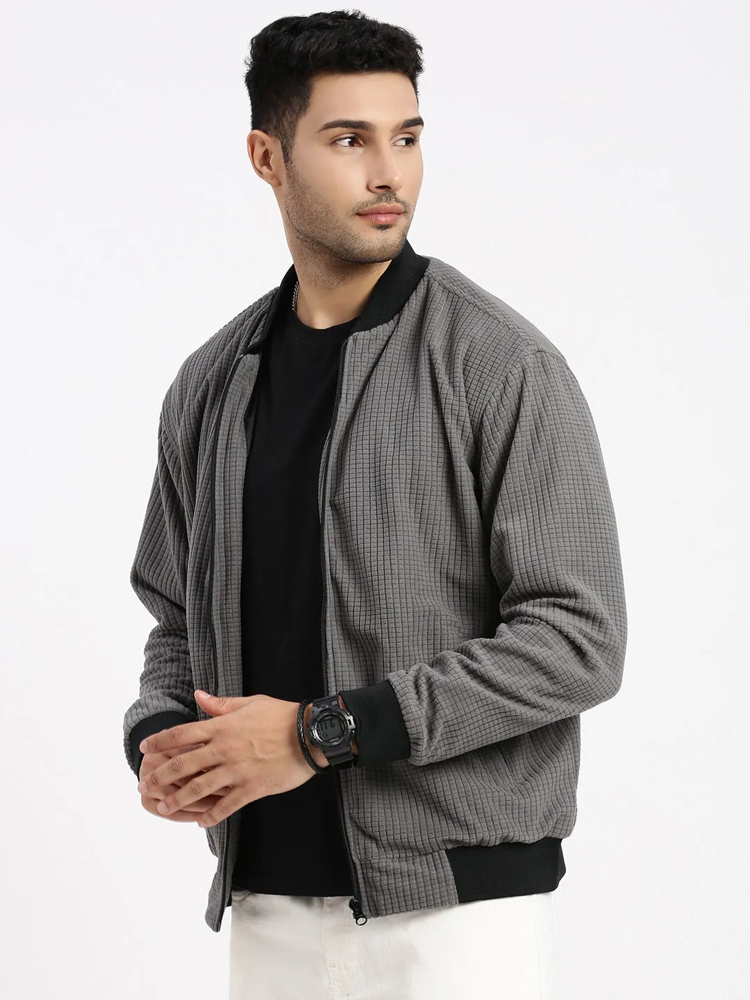 Men's Grey Solid Mandarin Collar Bomber Jacket NonIrritatingSeams Quilted Stitching Pattern