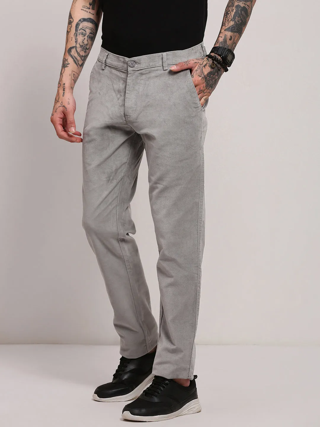 Water-resistant Men's Grey Solid Trousers