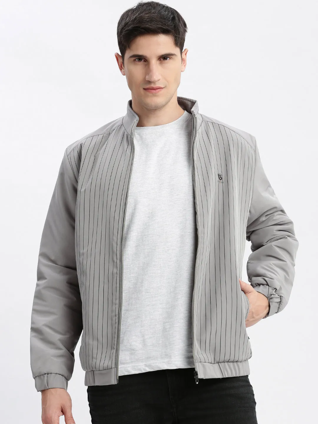 AllDay Comfort Design Men's Grey Striped Mock Collar Rapid-Dry Windcheater Bomber Jacket