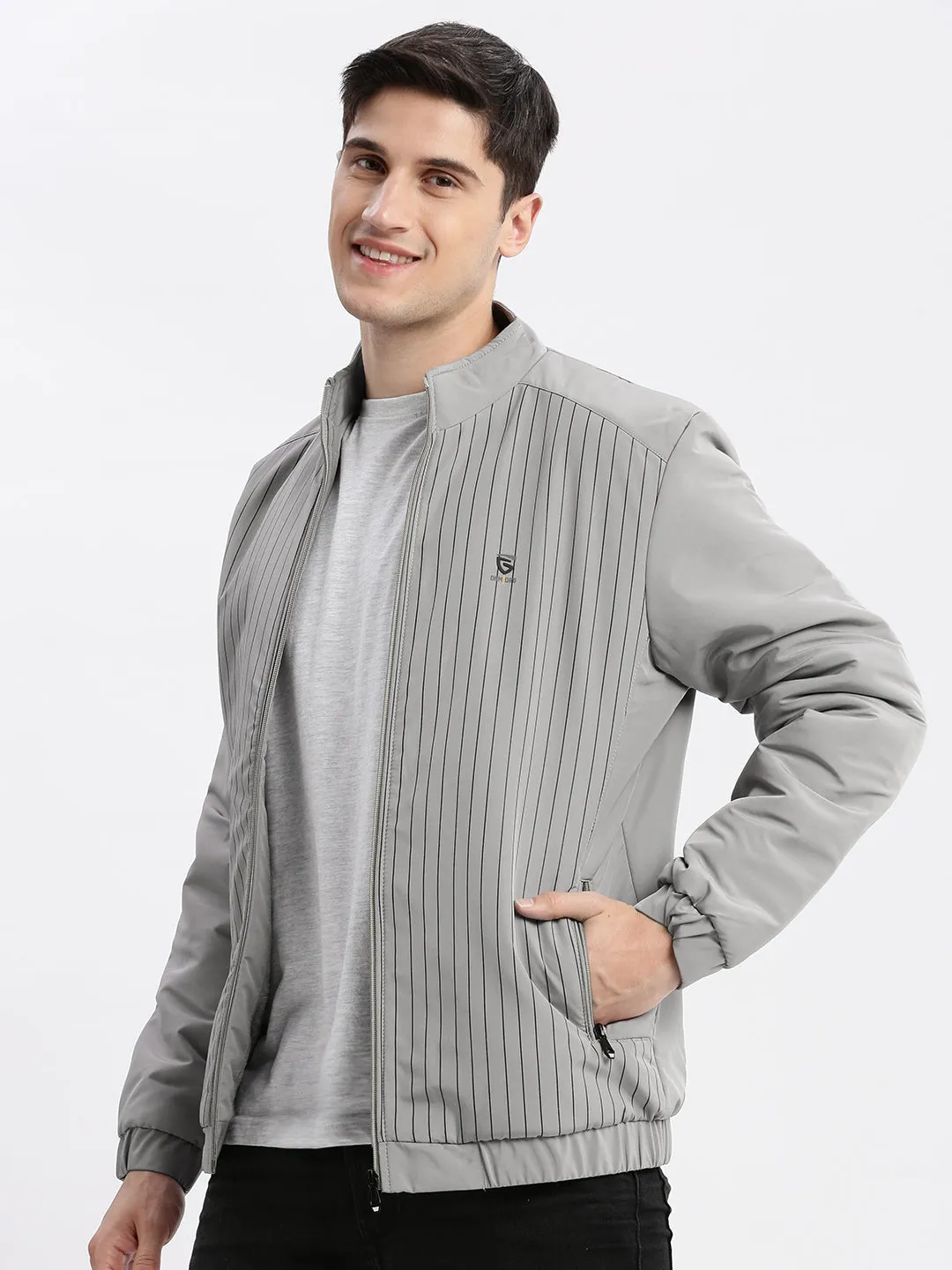 Wind Resistant Coating Men's Grey Striped Mock Collar Rapid-Dry Windcheater Bomber Jacket