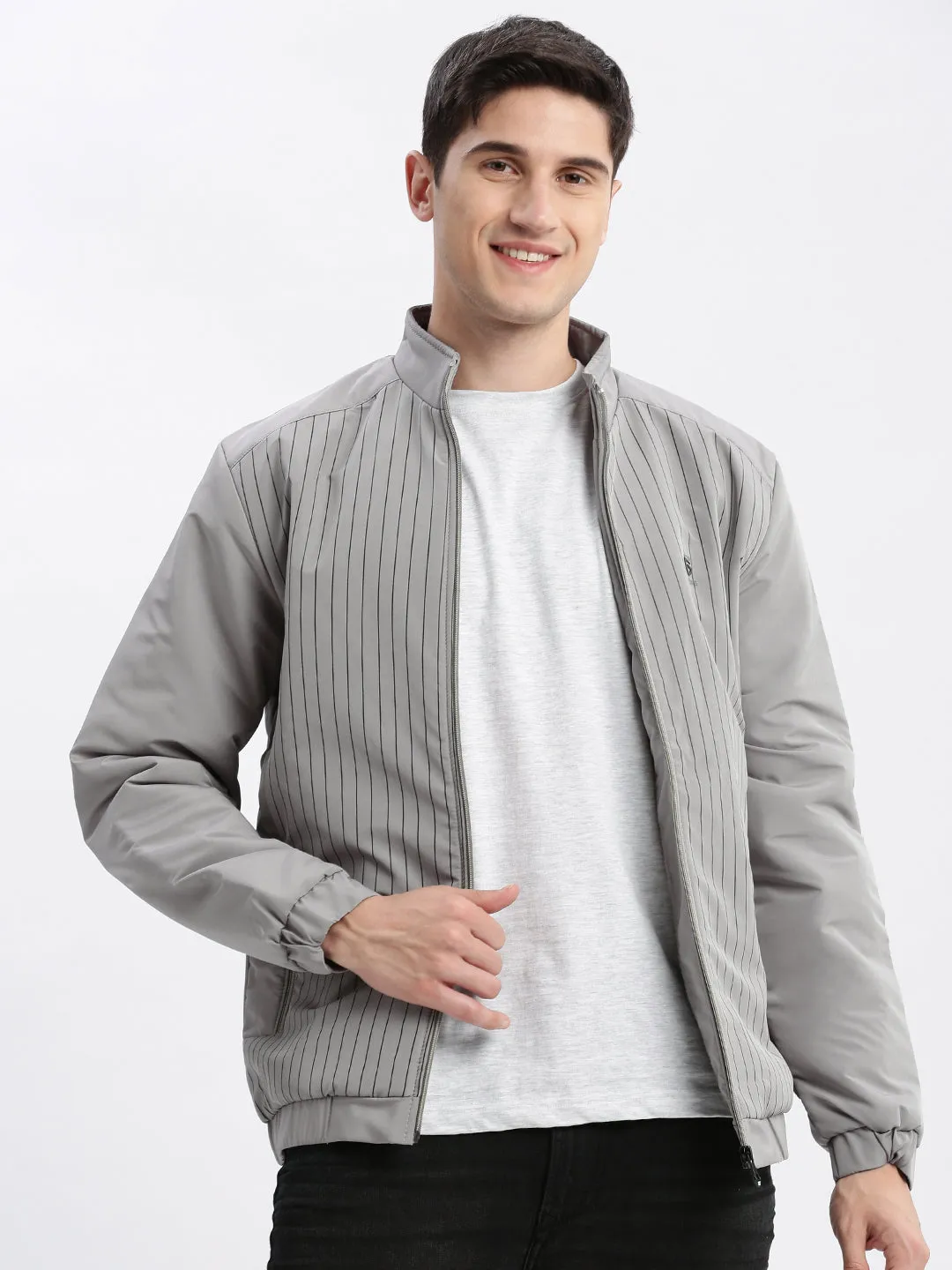 Men's Grey Striped Mock Collar Rapid-Dry Windcheater Bomber Jacket Functional Piece Non Bulky Insulation Tech