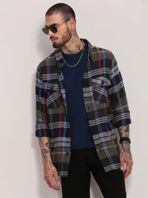 Men's Grey Tartan Checked Relaxed Fit Shacket Animal print wildness