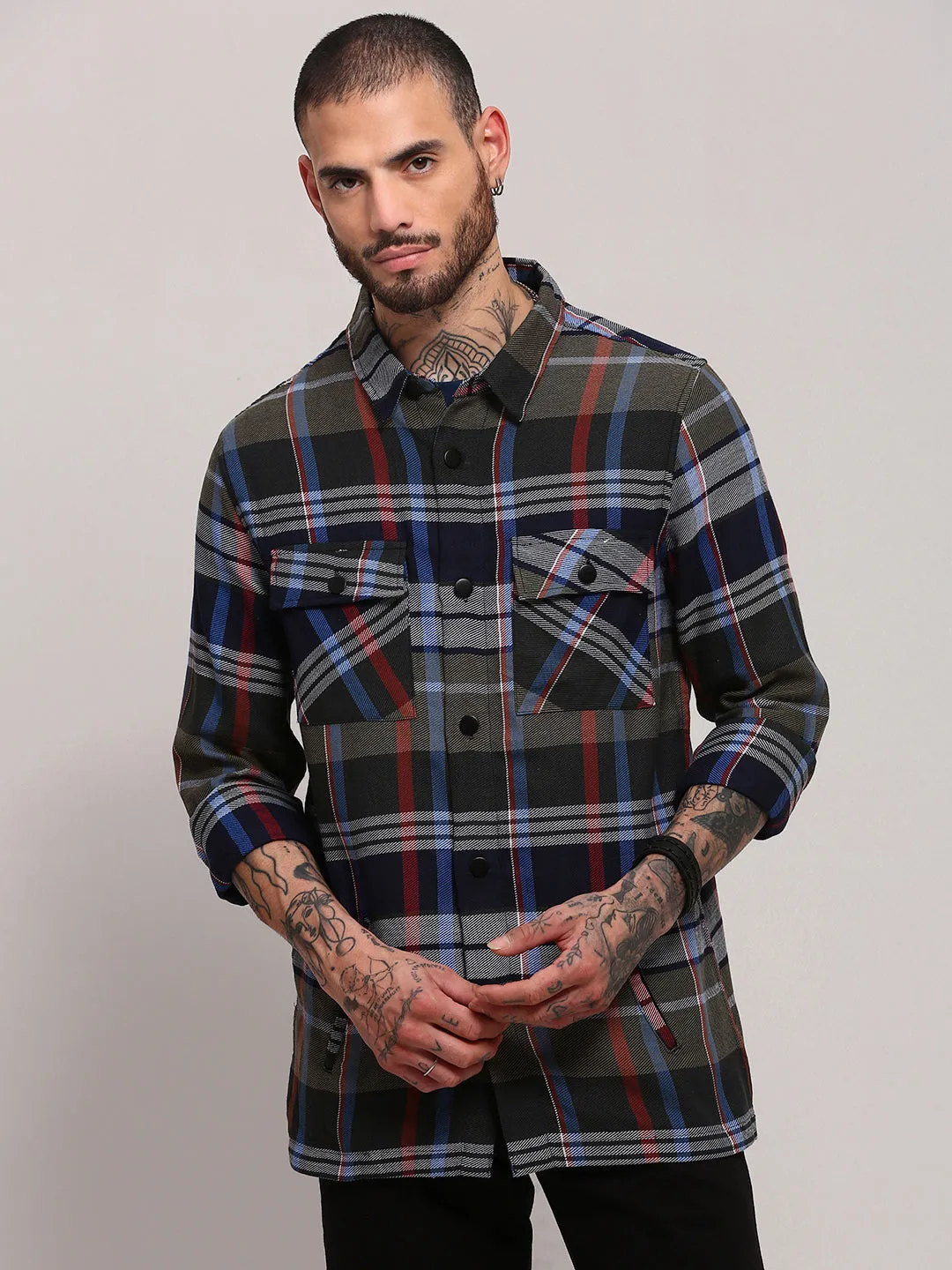 Men's Grey Tartan Checked Relaxed Fit Shacket Denim combination