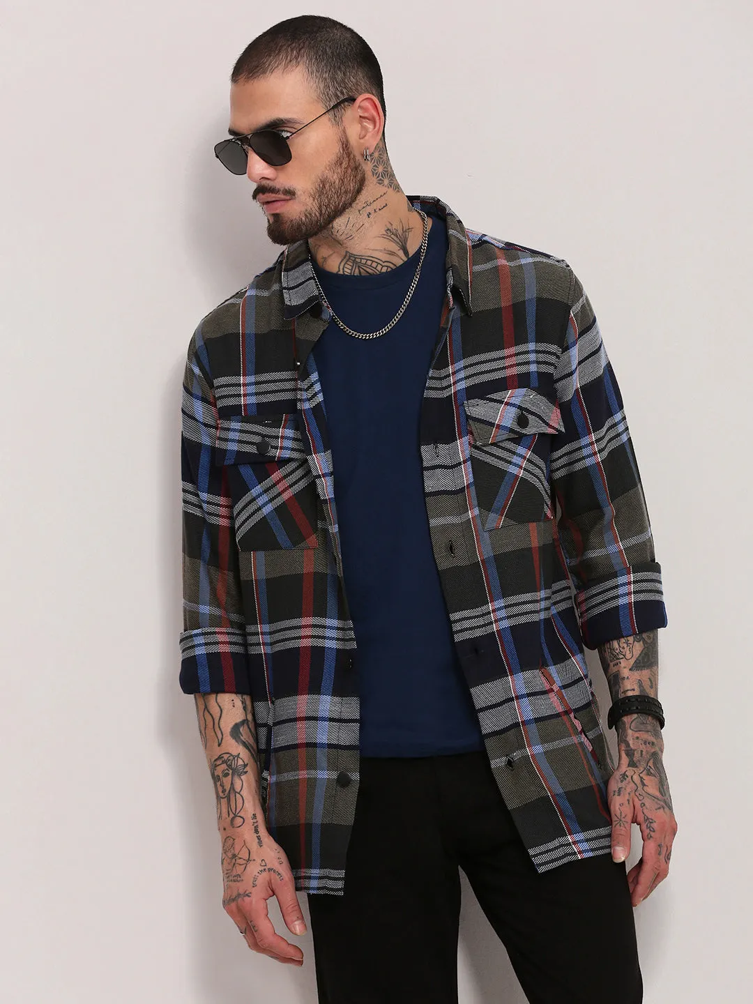 Men's Grey Tartan Checked Relaxed Fit Shacket Animal print wildness