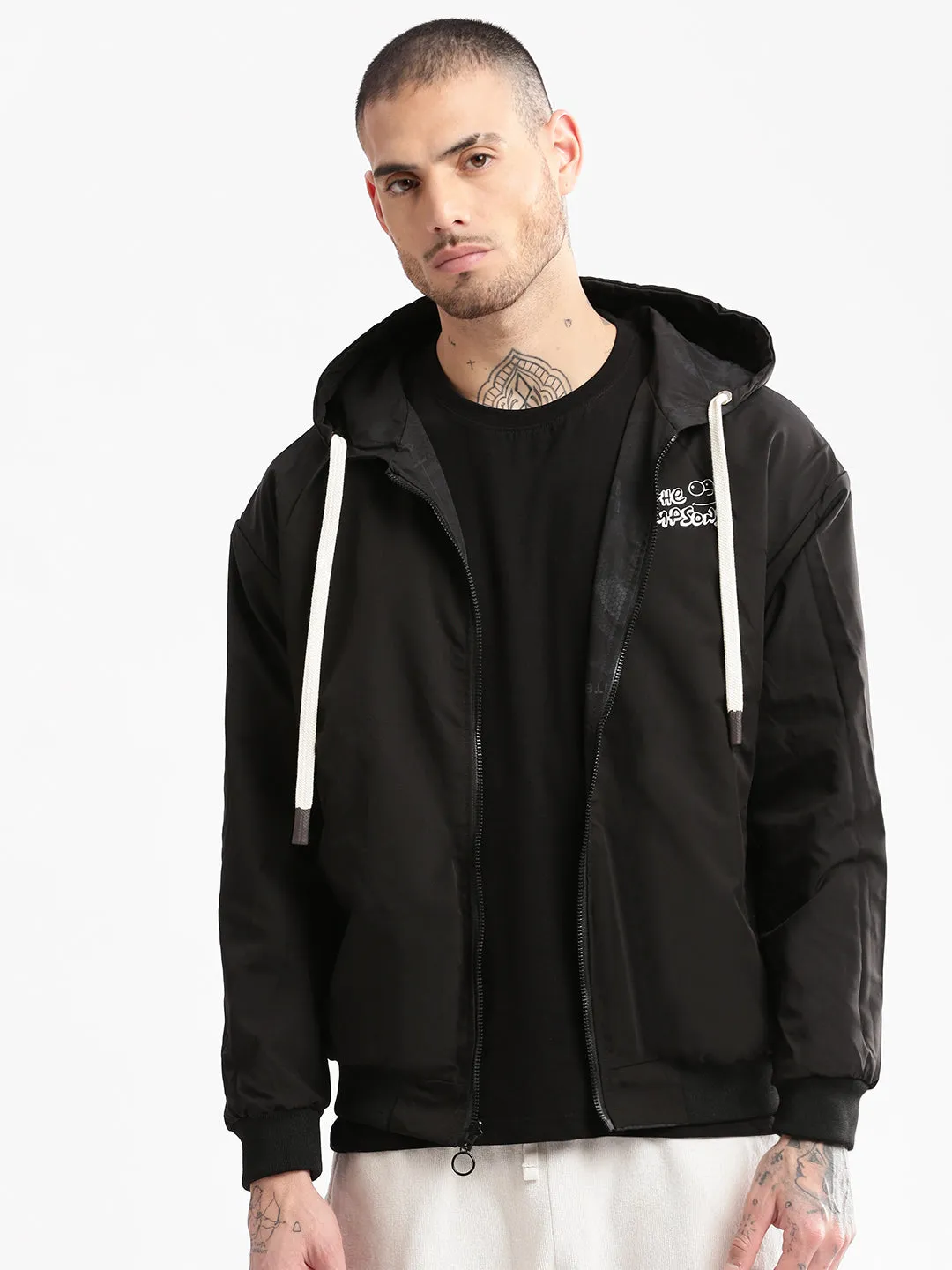 Subtle Fashion Fit Men's Hooded Black Abstract Reversible Bomber Jacket