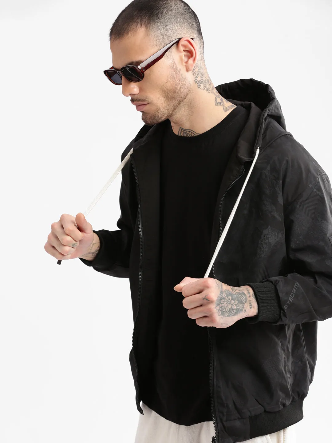 Men's Hooded Black Abstract Reversible Bomber Jacket Ergonomic Articulation