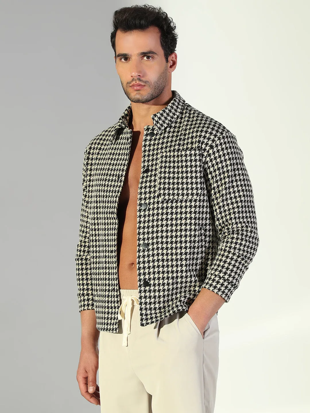 Regular fit normality Men's Houndstooth Black Regular Fit Shacket