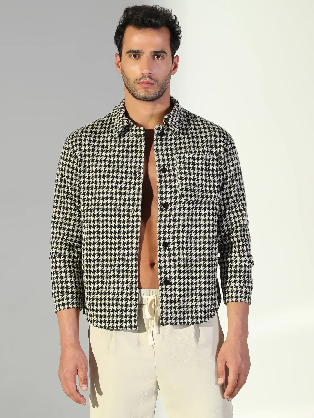 Men's Houndstooth Black Regular Fit Shacket Ultra Soft Texture NonIrritatingTags