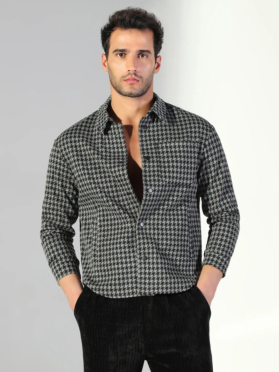 Men's Houndstooth Grey Regular Fit Shacket Holiday Trend