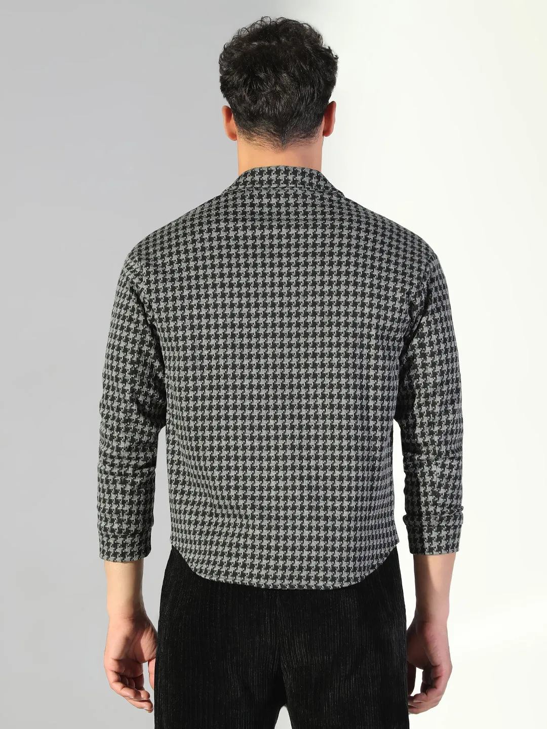 V neck elegance Wrinkle Resistant Men's Houndstooth Grey Regular Fit Shacket