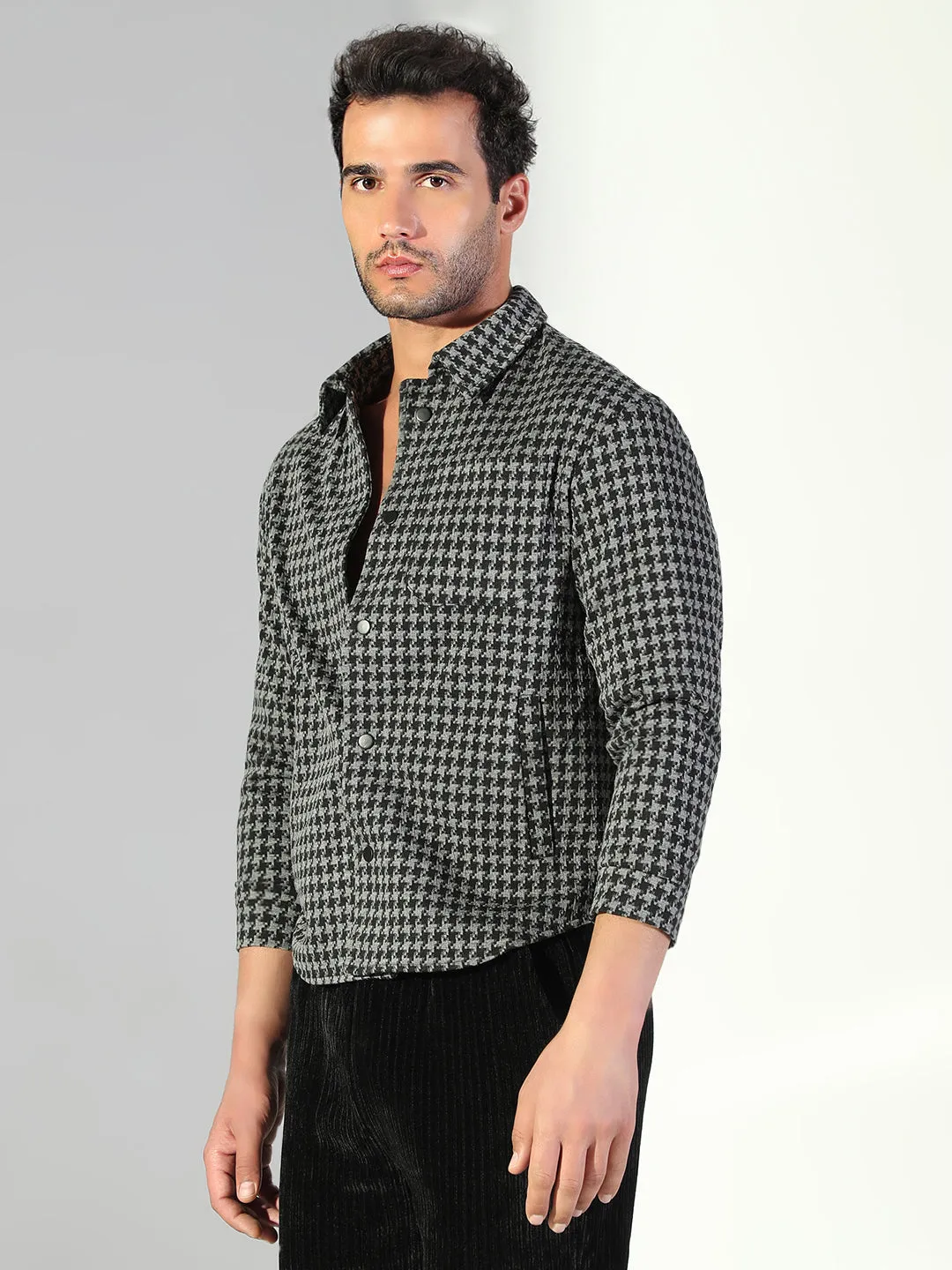 Men's Houndstooth Grey Regular Fit Shacket Autumn coziness