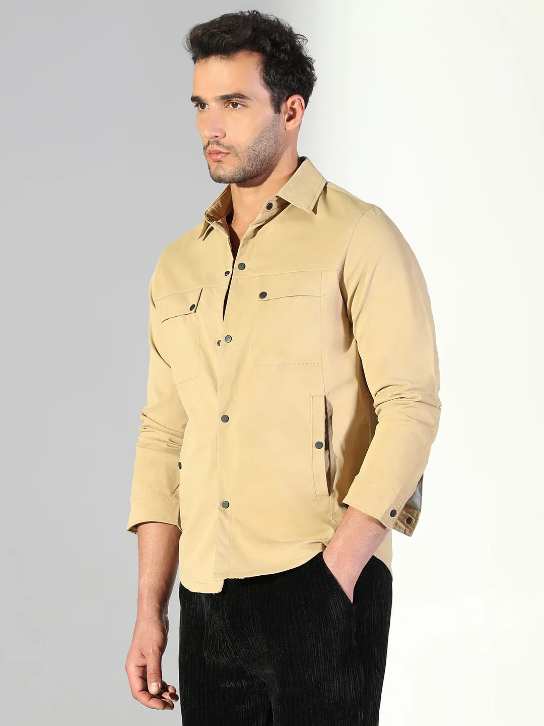 AntiStaticFinish Anti Static Treatment Men's Khaki Snap Button Regular Fit Shacket