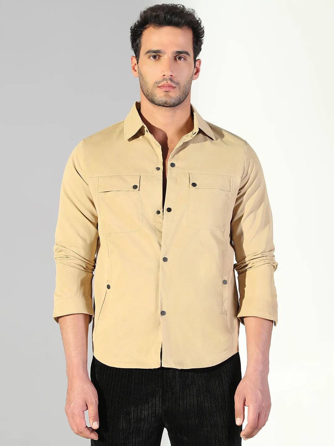 OdorResistant Fabric Trendy All-Day Men's Khaki Snap Button Regular Fit Shacket
