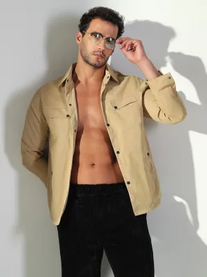 crew neck Active Layer Fit Men's Khaki Snap Button Regular Fit Shacket