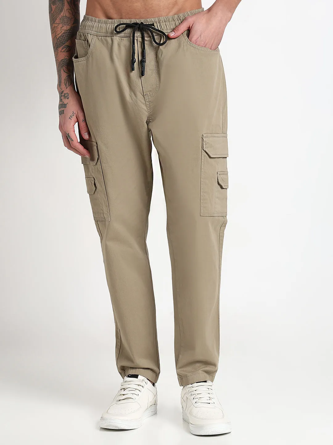 Men's Khaki Solid Cargo Drawstring Joggers Slim wear hypoallergenic material