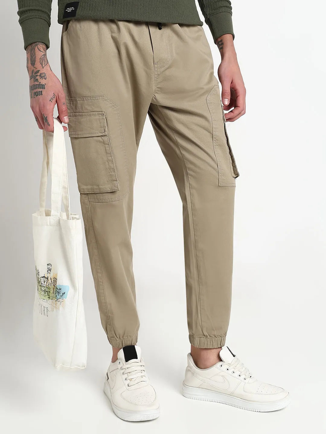 Tangle Free Cuffs Men's Khaki Solid Cargo Joggers