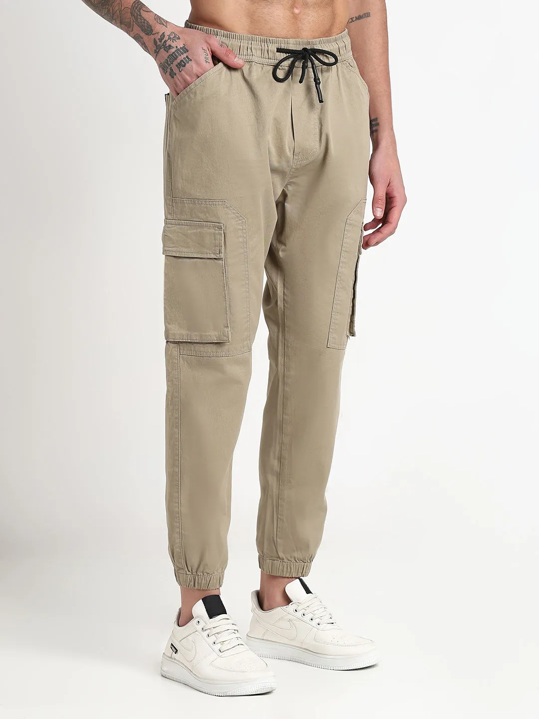Men's Khaki Solid Cargo Joggers Breathable Waist
